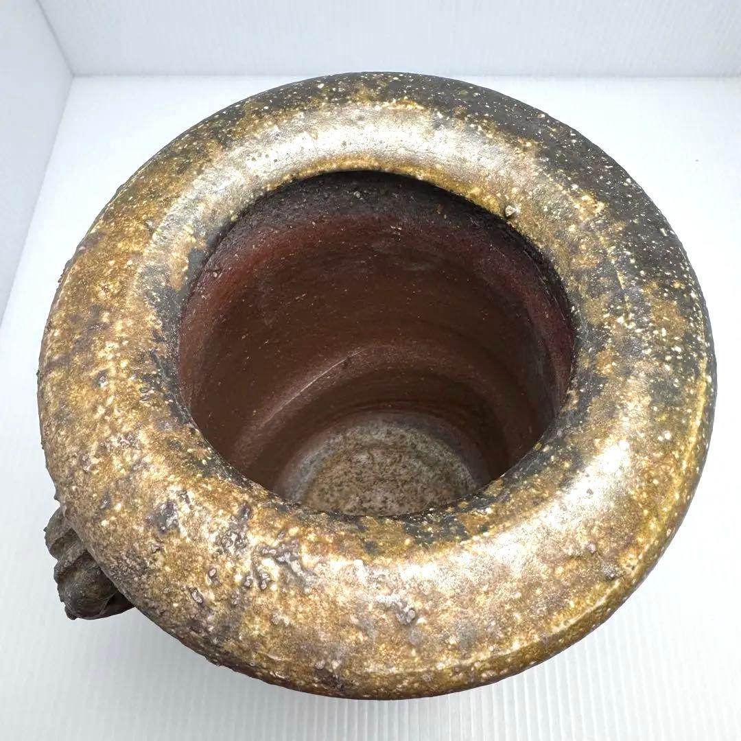 未使用 備前焼 斉藤隆 持ち手付き 花生 花瓶 花器 壺 伝統工芸 美術品