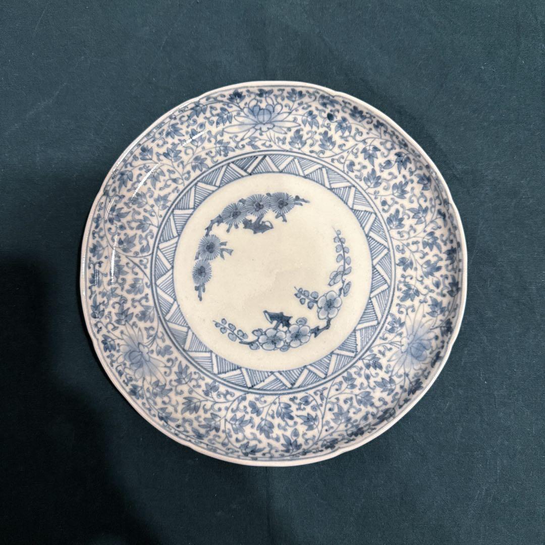 古伊万里　染付　花唐草　中皿　無傷完品　元禄期