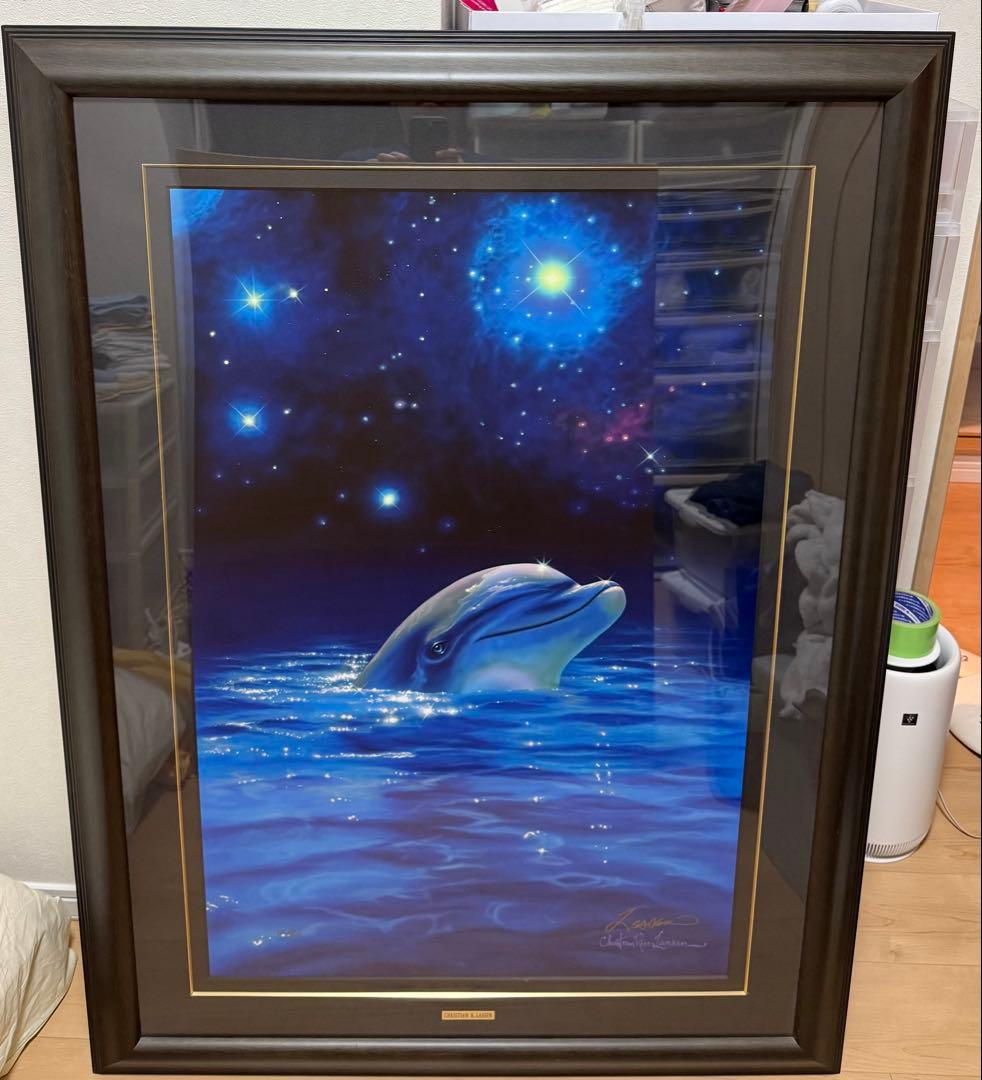 クリスチャン　ラッセン　スターリーアイズL 直筆彩色あり　直筆サイン　イルカ　海
