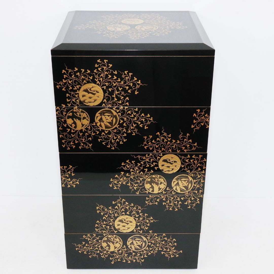 漆器　金蒔絵 花唐草 松竹梅 重箱　 塗師　鐵二　共箱 共布