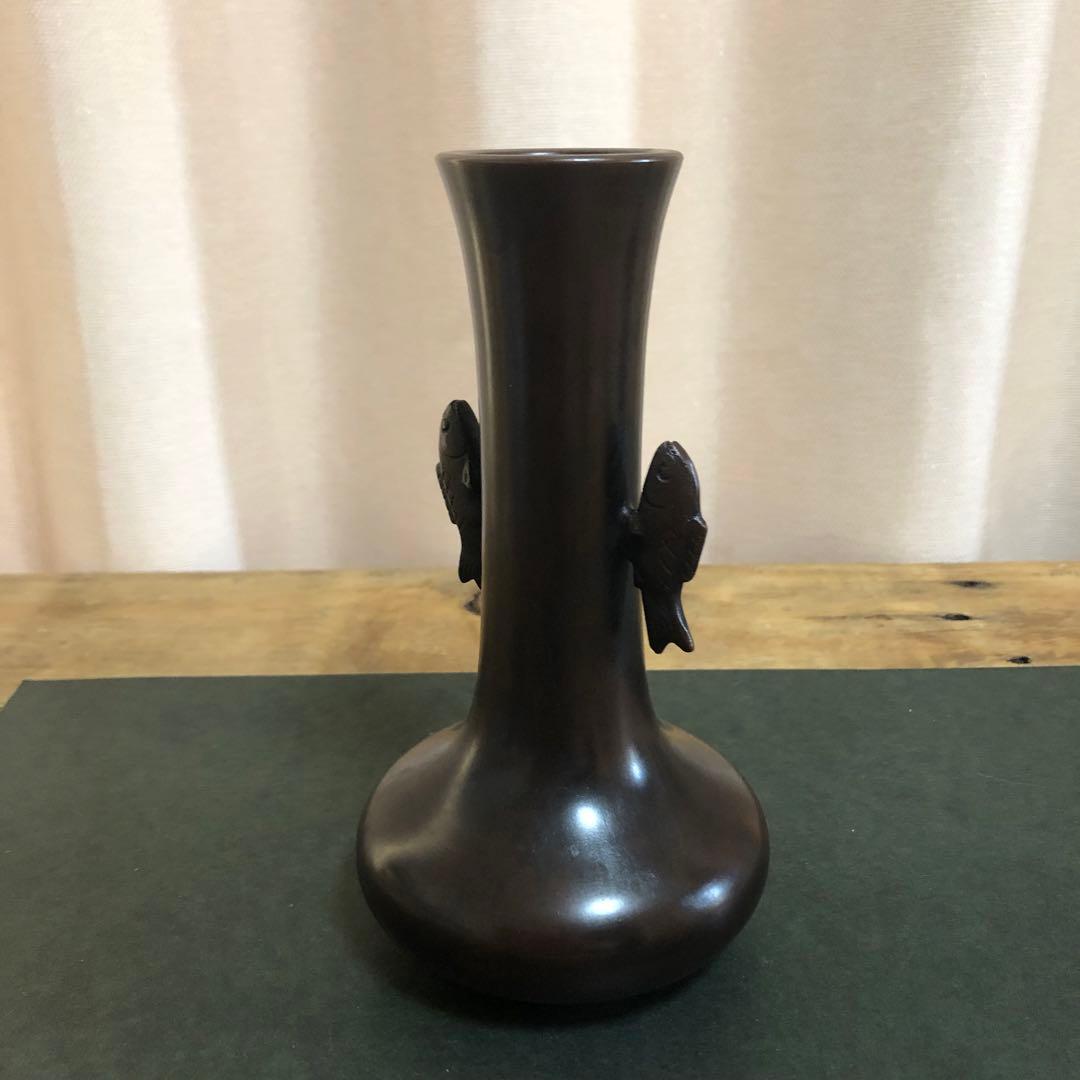 唐銅双鯉耳付花入 共箱 茶道具