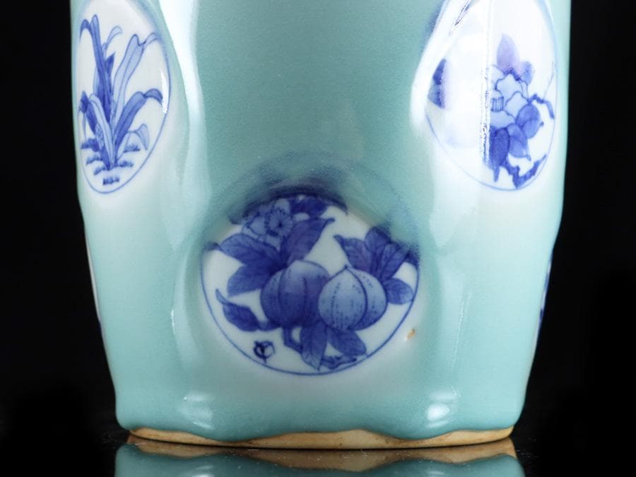 Y2463 時代物 中国 青磁 染付 青花獣双耳瓶 大花瓶 高さ26㎝