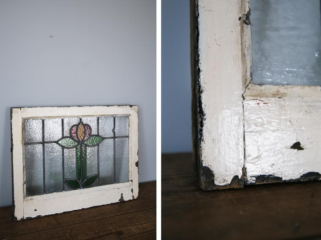 英国アンティークステンドグラス窓枠/ガラスウィンドウ建具/オブジェ(92-48)