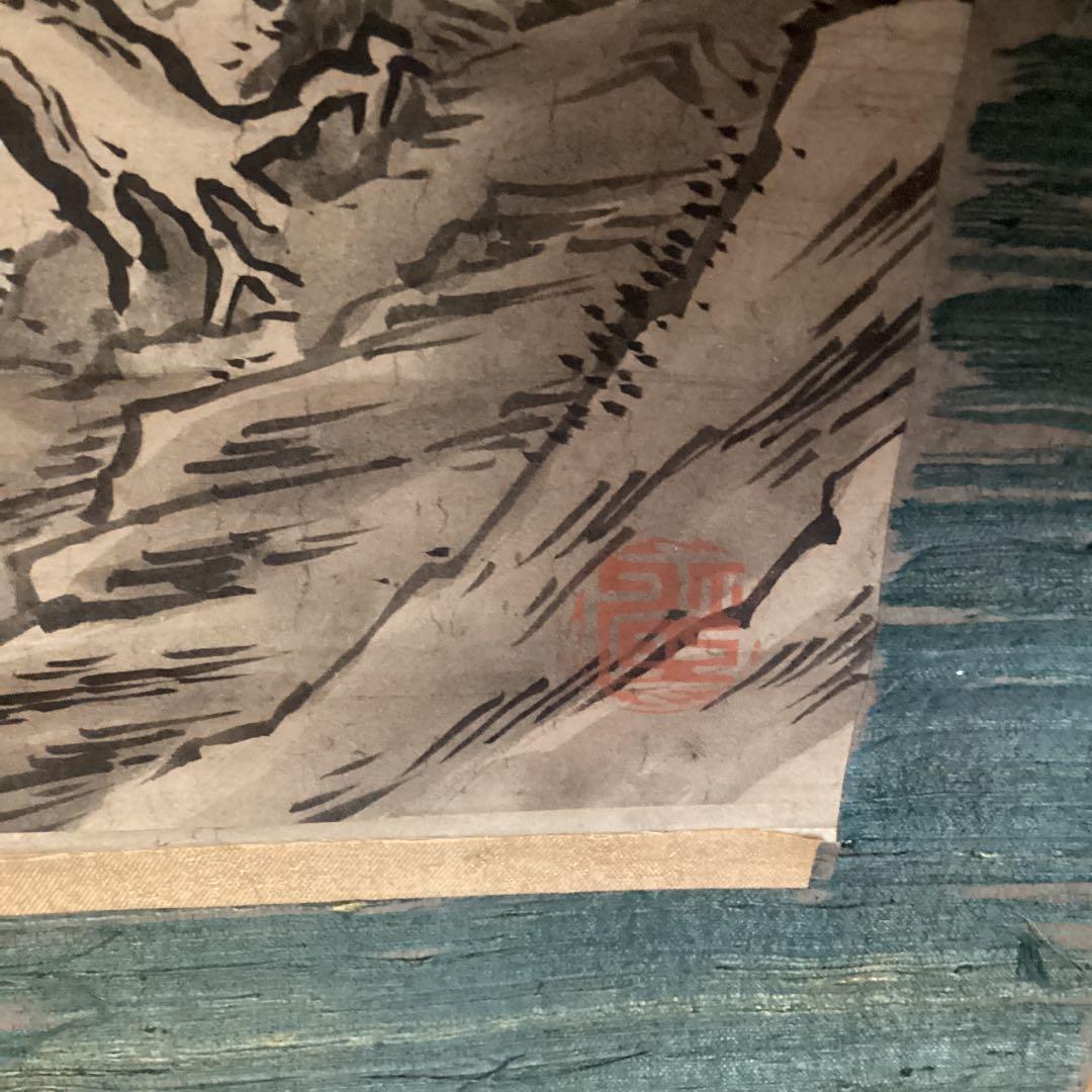 狩野山楽　【紙本水墨画双幅　楼閣山水図】　共箱　　掛軸双幅　　軸先は骨　稀有品