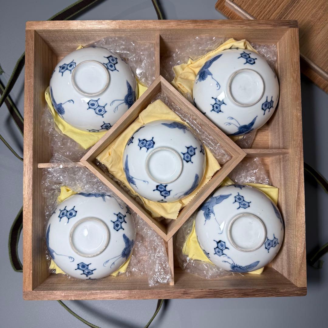 古平戸　染付鶴文様茶碗　五客　特注仕立箱　汲み出し　江戸後期〜明治期　古伊万里