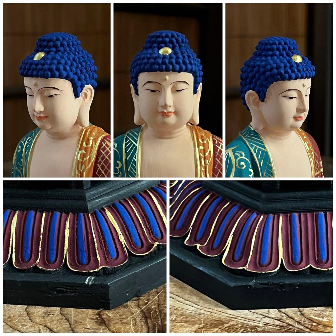 仏教美術 彩色総桧材 細密彫り 飛天光背 八角台座 釈迦如来像 仏像 展示品三寸
