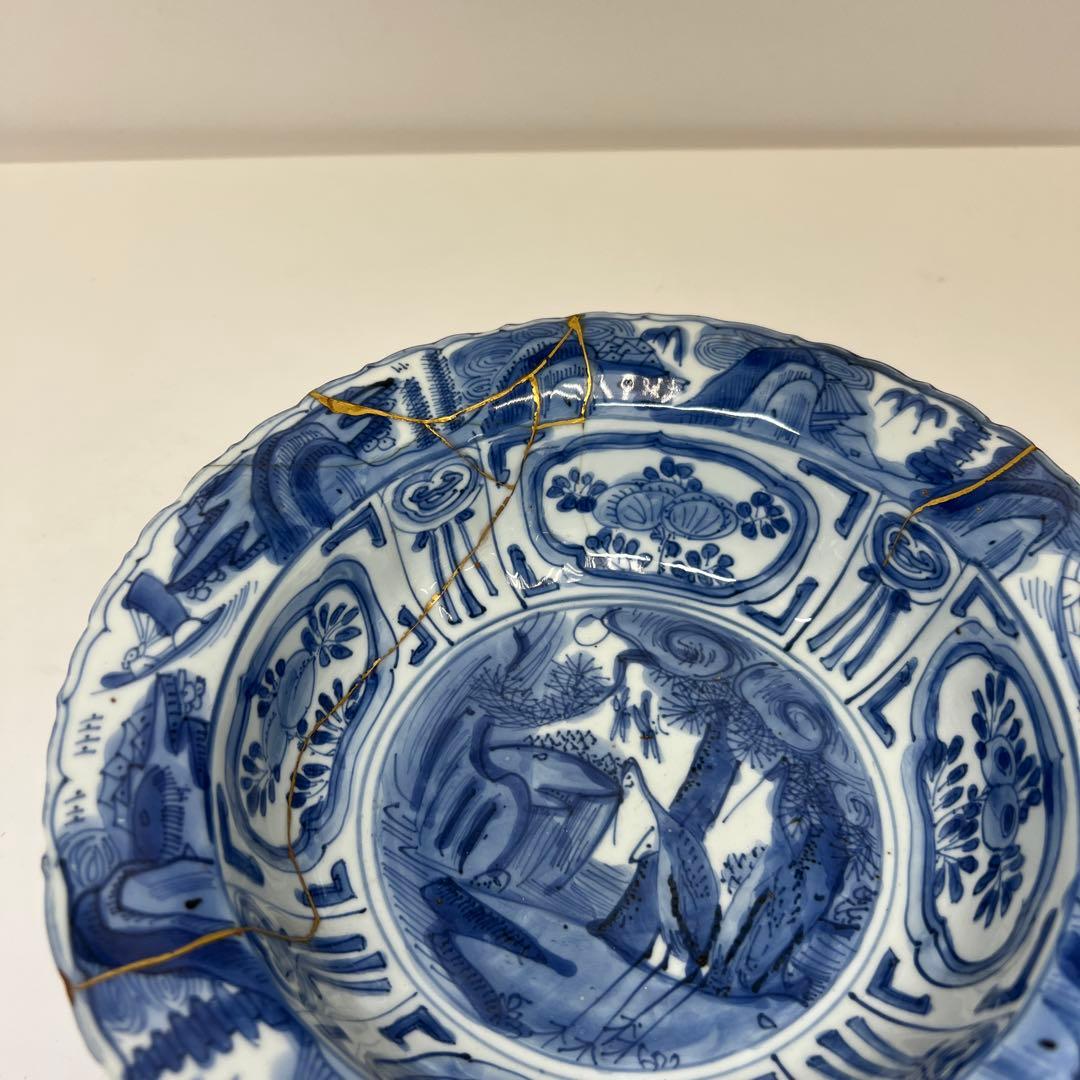 中国明時代　古染付芙蓉手カブト鉢　幅約22.5㎝　東Y8-0108☆2Fタルオ