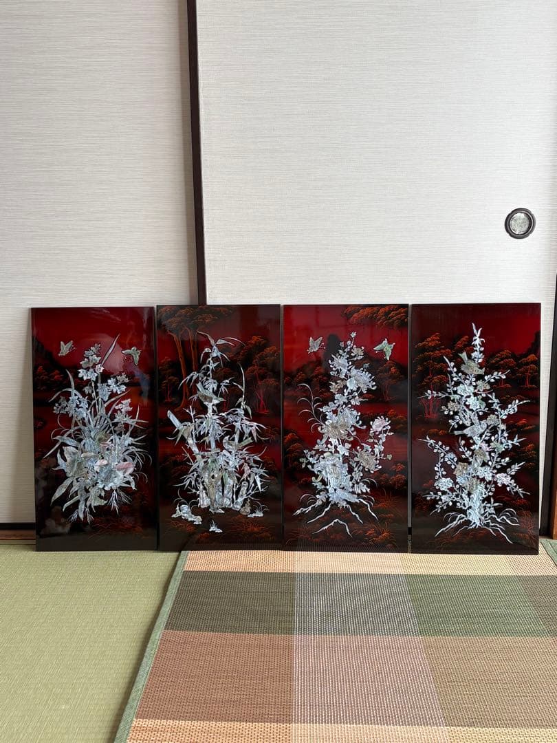 螺鈿　漆器アート 4枚セット 花と蝶