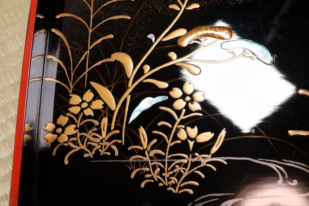 古い膳 螺鈿 流水草花 金銀蒔絵 四方膳 卓上 五客 根来 黒 木製 CM388