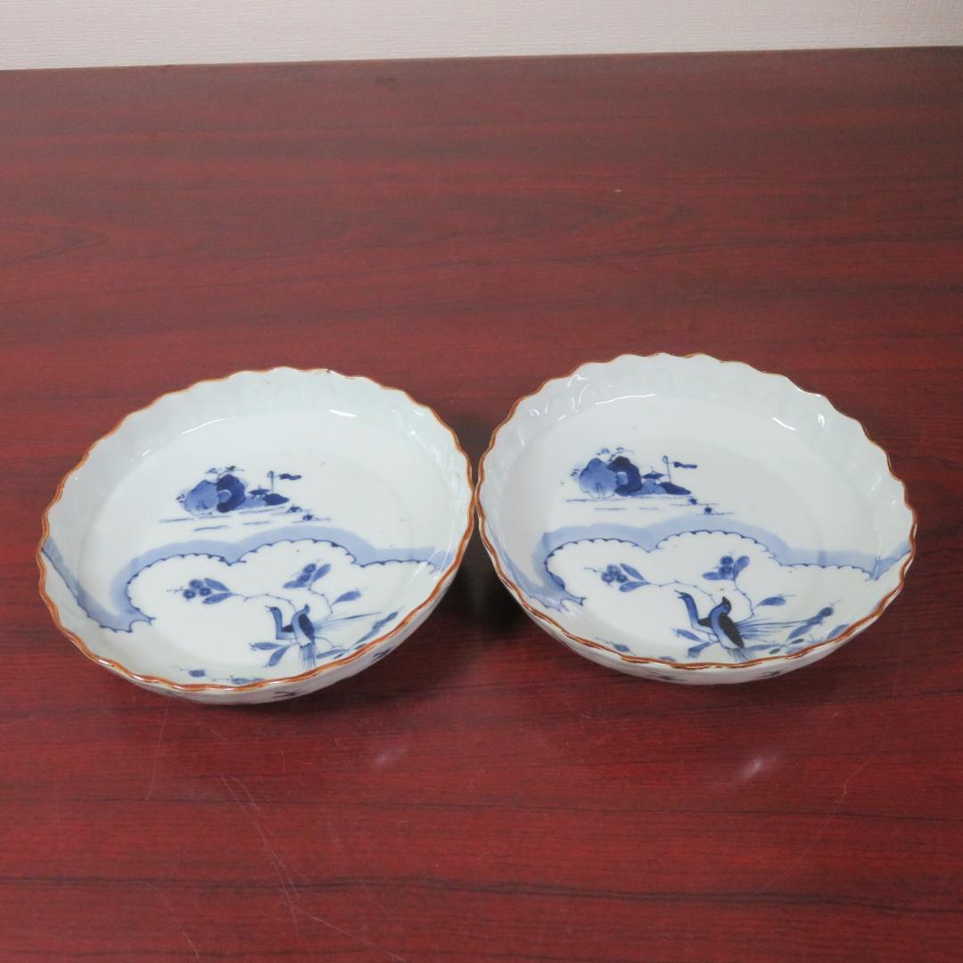 皿 2枚 染付 鳥 花 島 海 窯傷 明治 大正 その1