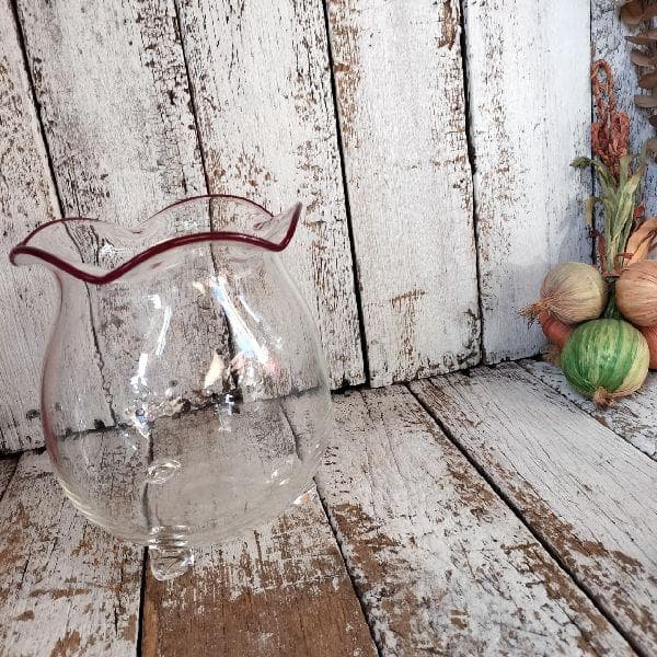 ヴィンテージ ビードロ 吹き硝子 フリル ガラス 三脚 金魚鉢 めだか鉢 気泡