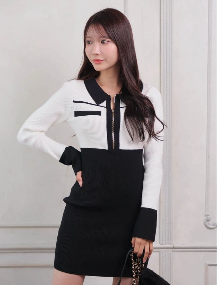 lip service フロントZIPバイカラーニットワンピース