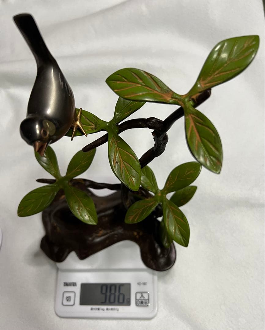 高岡銅器 青銅製 鳥と枝の彫刻 古美術 山茶花文旦