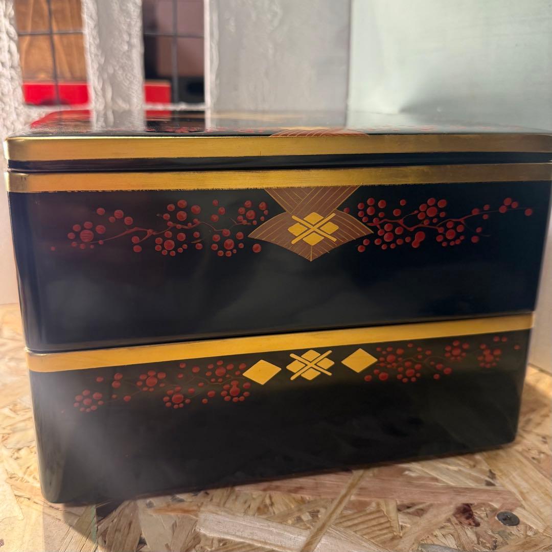 ヴィンテージ♡秀衡塗 2段重箱 黒×金×朱の華やかデザイン お正月 おせち♡