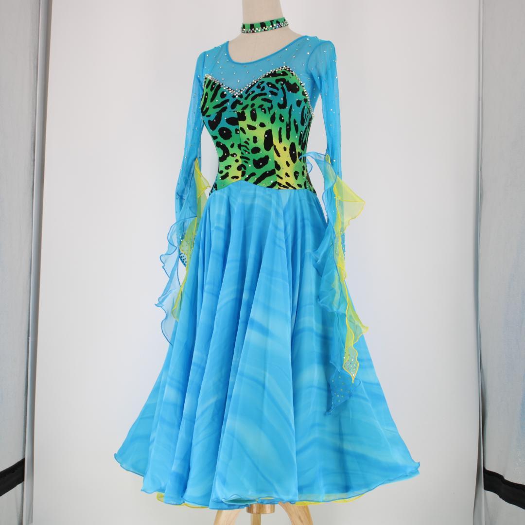 【美品 社交ダンス衣装】ブルー＆イエロー Tsukioka ワンピース ドレス