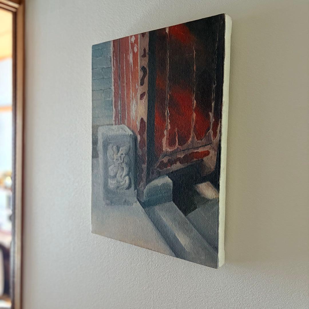 油彩画 北京胡同の四合院と夕日 原画