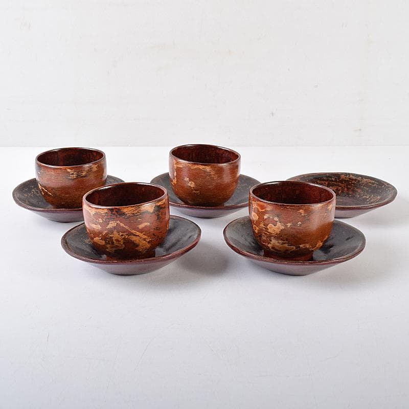 煎茶道具　足助乾漆　高山兼山作　煎茶碗四客　茶托五客　共布共箱　V　R8679