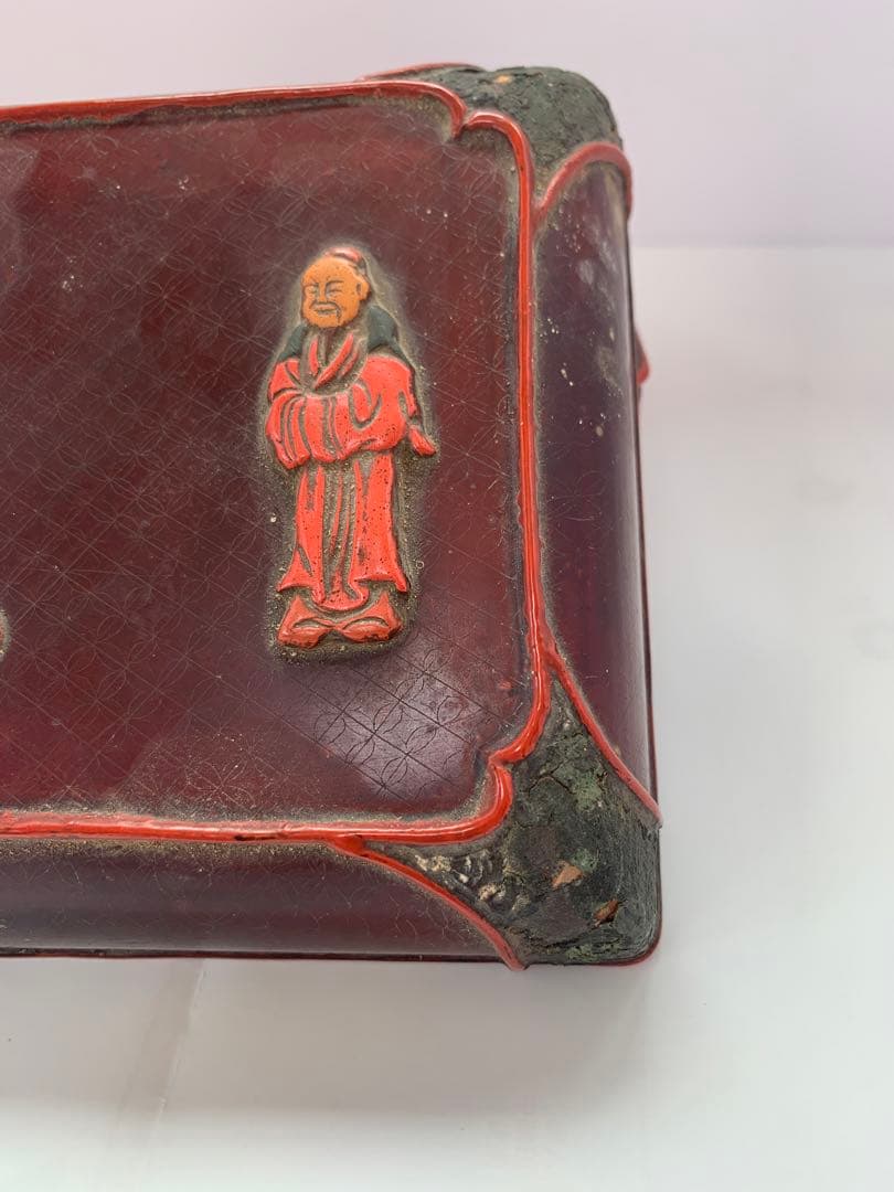 中国美術　堆漆細工刻『人物物語文』蓋物 木製漆塗 菓子器唐物茶道具