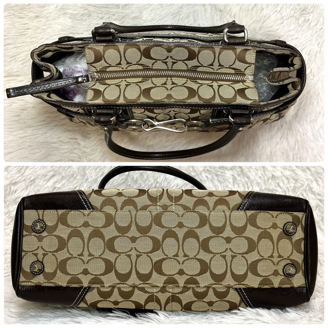 良品 COACH シグネチャー キャンバス ハンドバッグ ブラウン 金具