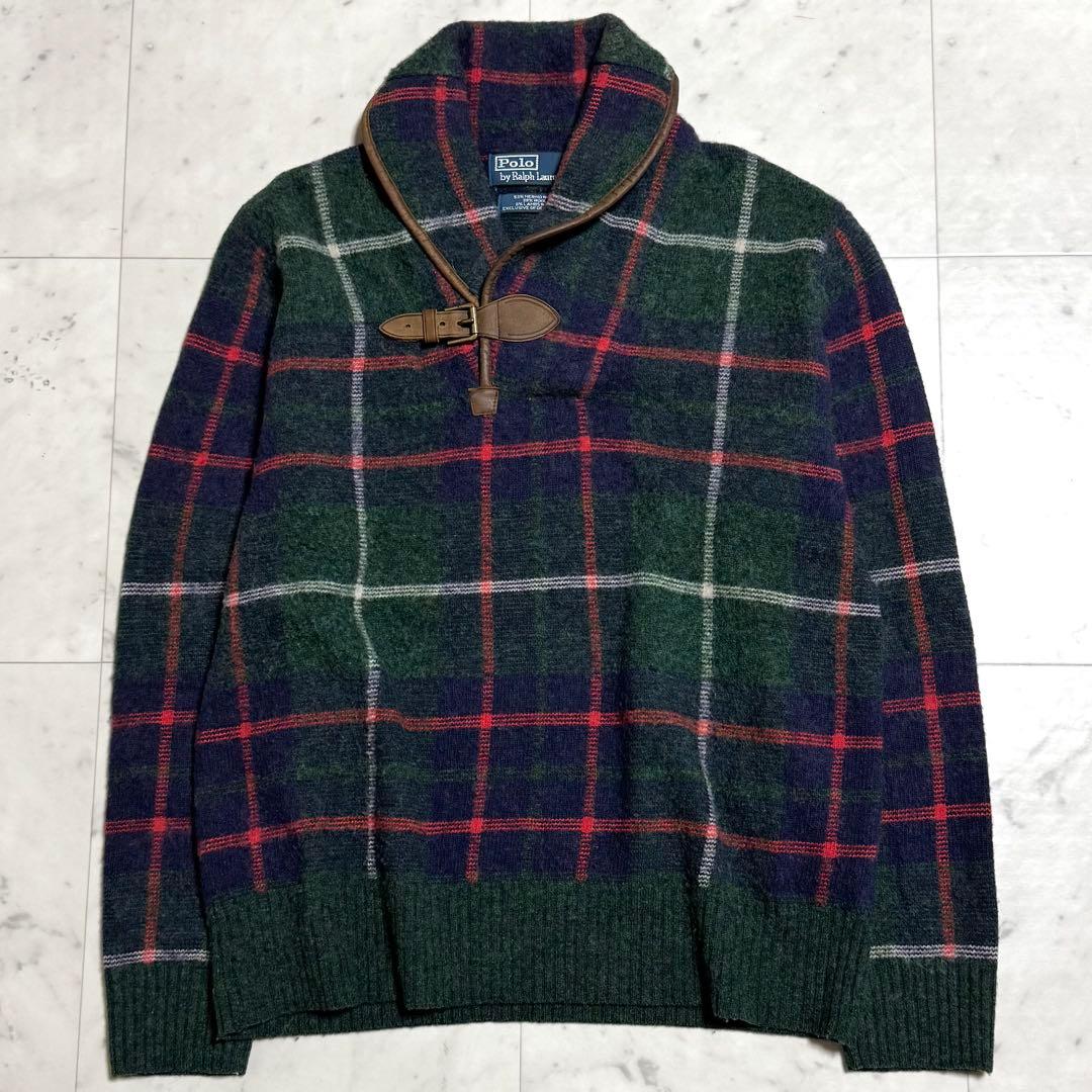 ポロバイラルフローレン レザーエルボーパッチウールニット 牛革 チェック柄 L