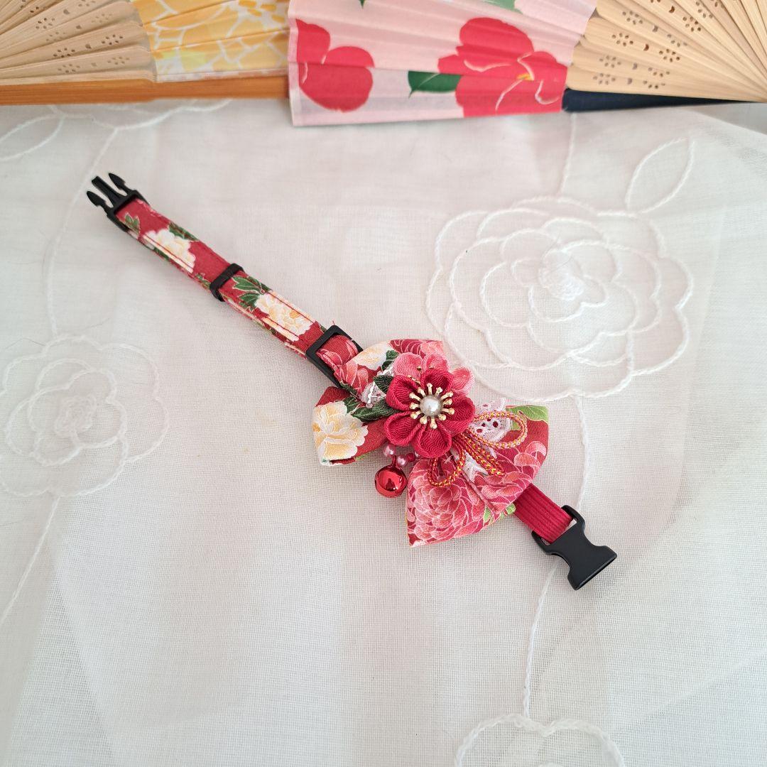 つまみ細工ダブルリボン(赤①)わんちゃん猫ちゃん用首輪