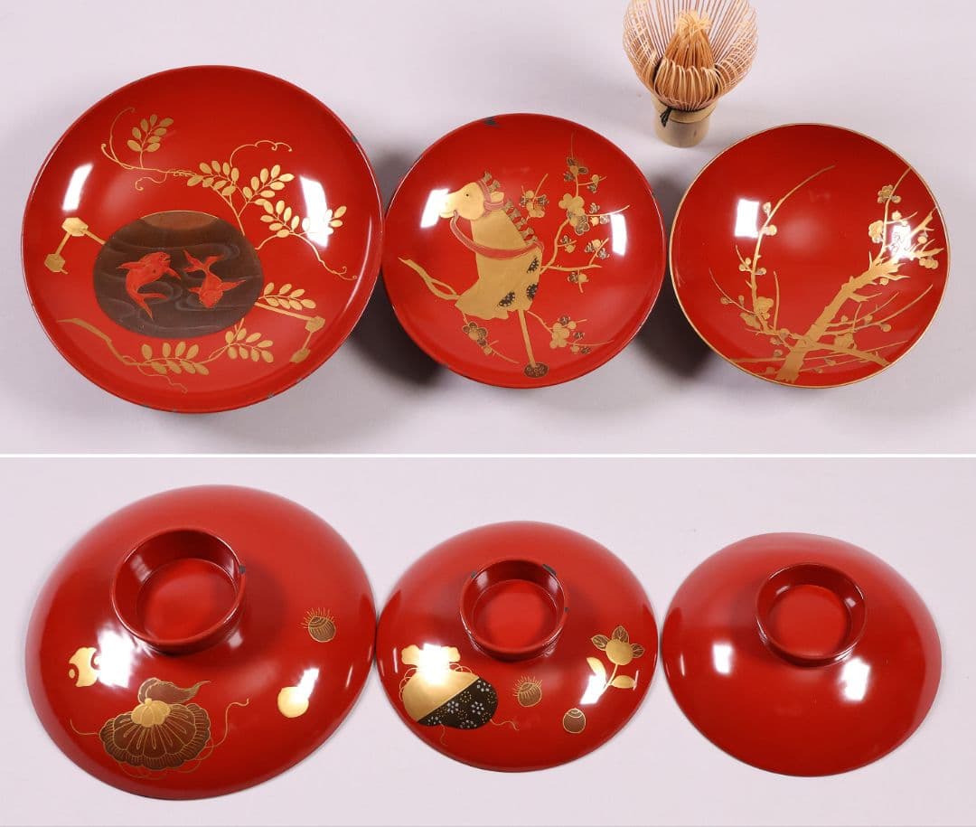 【MB59】大型 九ッ組大盃 盃台 伝統柄 絵変金蒔絵 木製 松竹梅 節句 朱塗