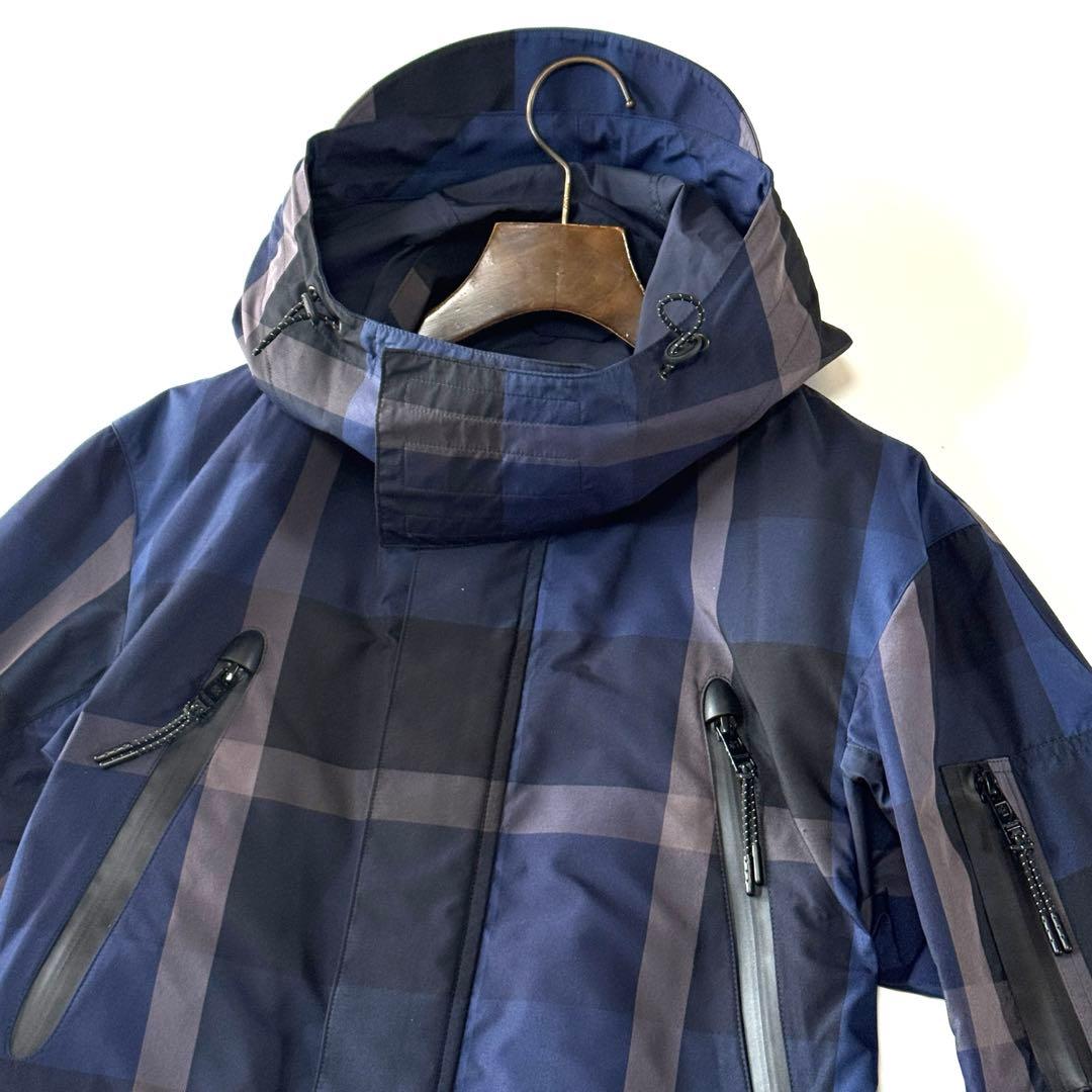 美品 ブラックレーベルクレストブリッジ 撥水 モッズコート チェック フーデッド