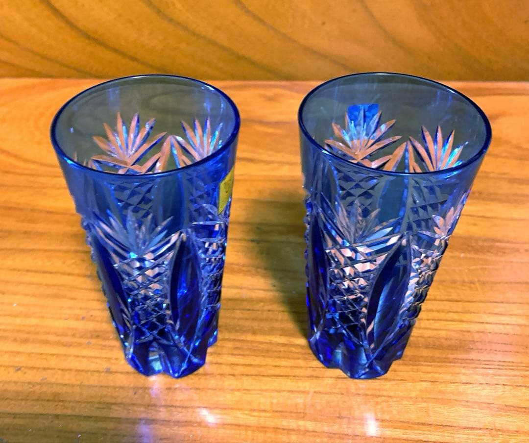 江戸切子 木箱入クリスタルガラス 伝統工芸士作 一口ビール 2個セット未使用