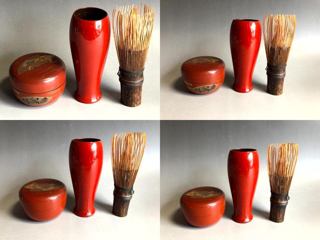 茶箱■お茶道具セット 利休茶箱 京焼 刷毛目茶碗 朱塗り棗 8点 時代物 骨董■