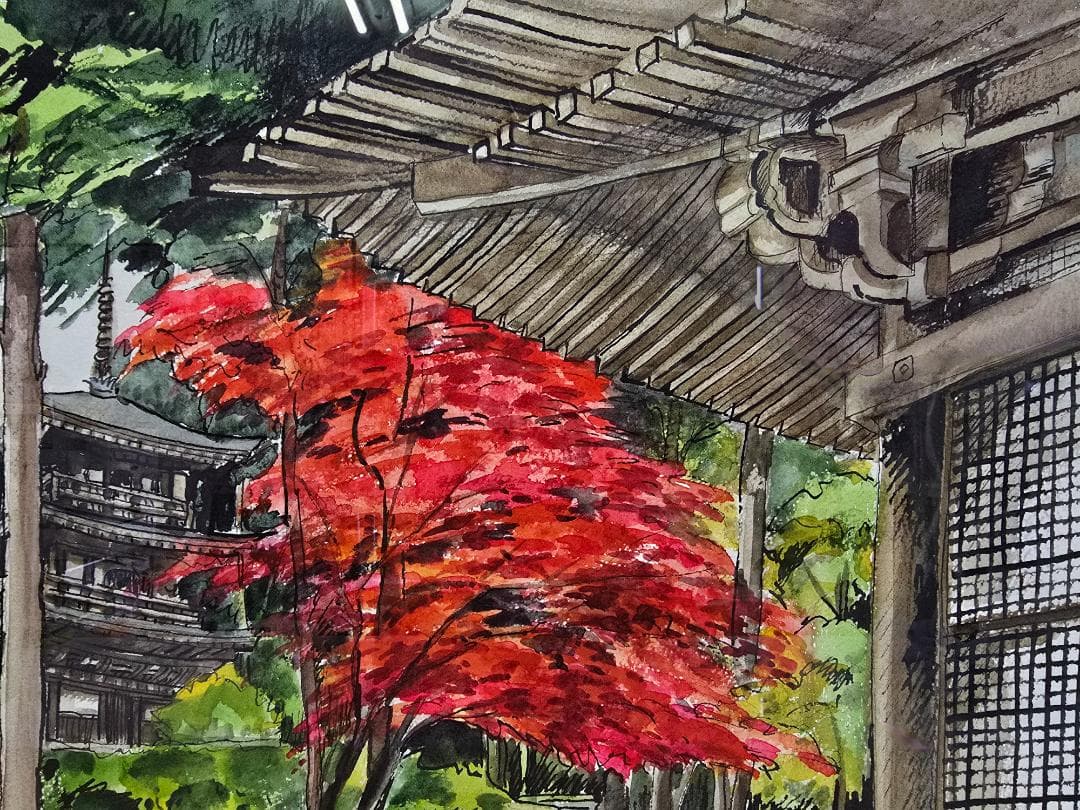M▽野々村晃 水彩 絵画 額縁 紅葉 寺 (38227)