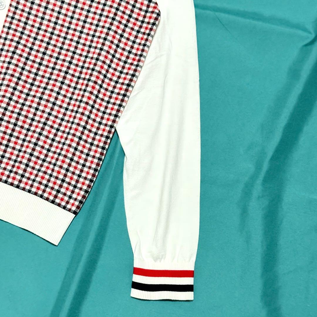 良好 パーリーゲイツ チェック柄コットンカーディガン 赤白黒 Ｖネック長袖人気