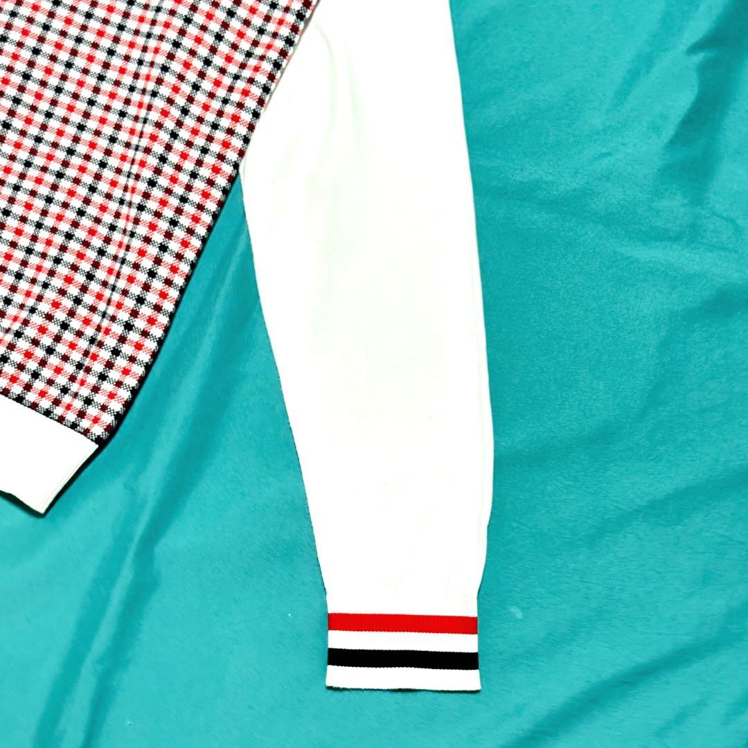 良好 パーリーゲイツ チェック柄コットンカーディガン 赤白黒 Ｖネック長袖人気