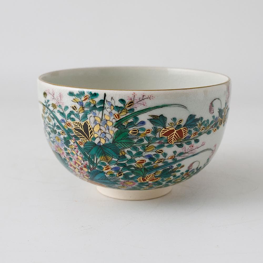 九谷 末川泉山 庄三写 色絵金彩 草花 茶碗 共箱 共布 栞 茶道具