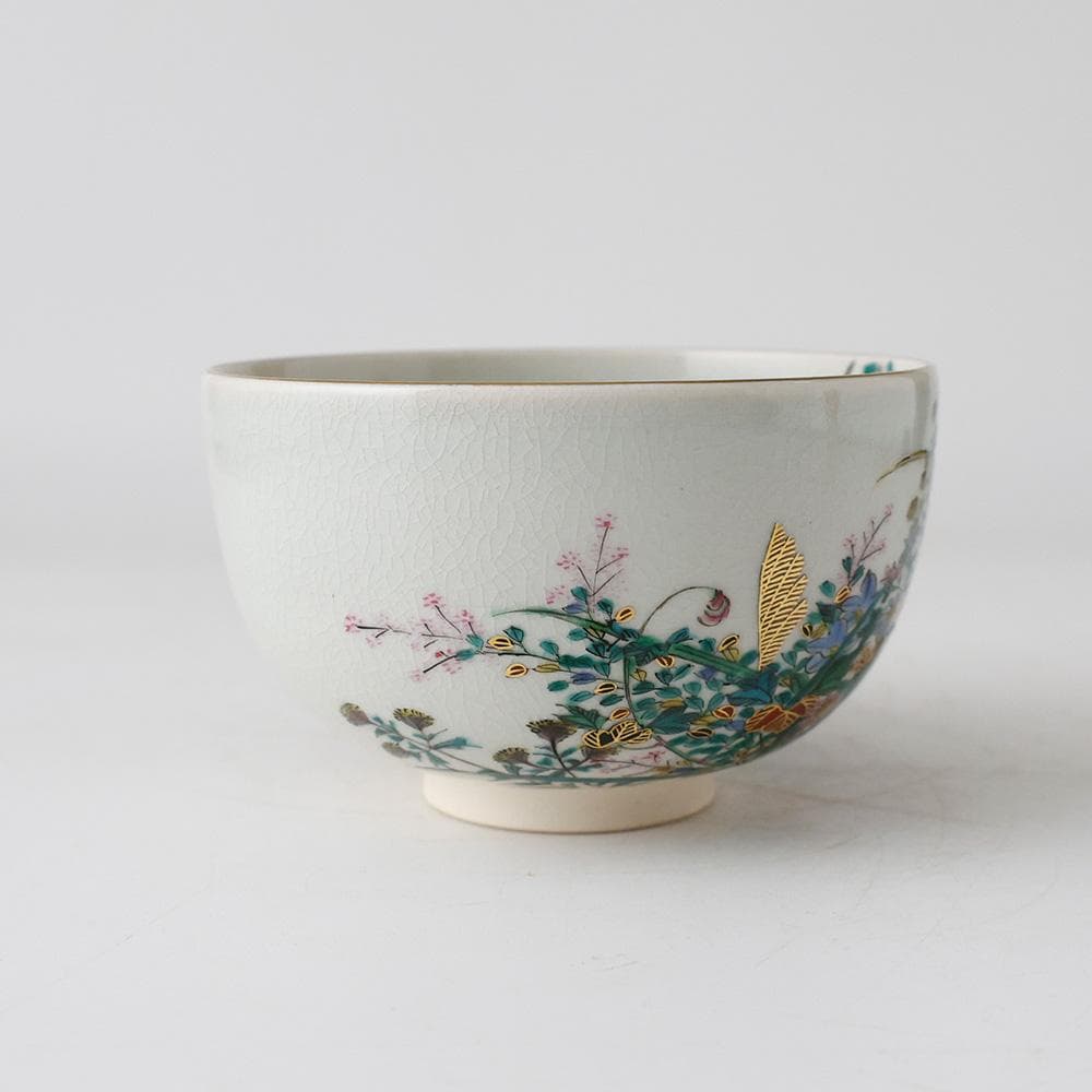 九谷 末川泉山 庄三写 色絵金彩 草花 茶碗 共箱 共布 栞 茶道具