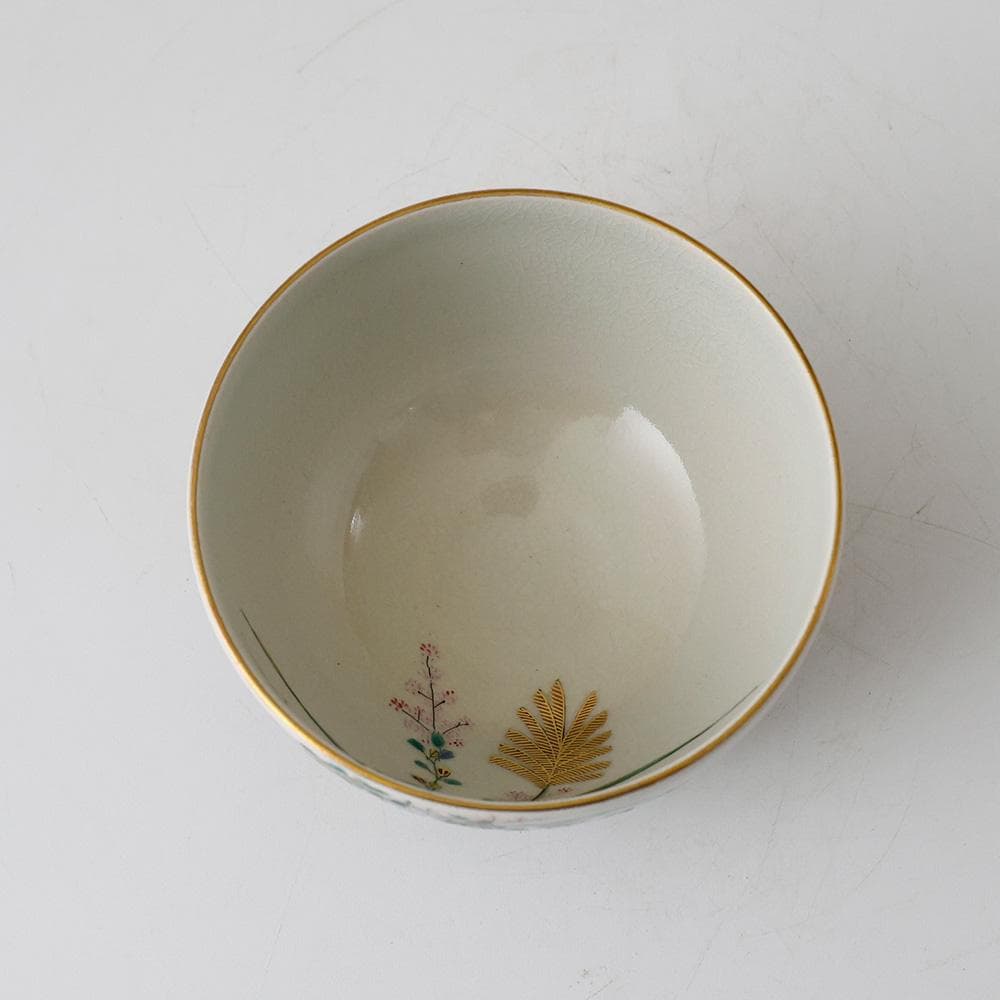 九谷 末川泉山 庄三写 色絵金彩 草花 茶碗 共箱 共布 栞 茶道具