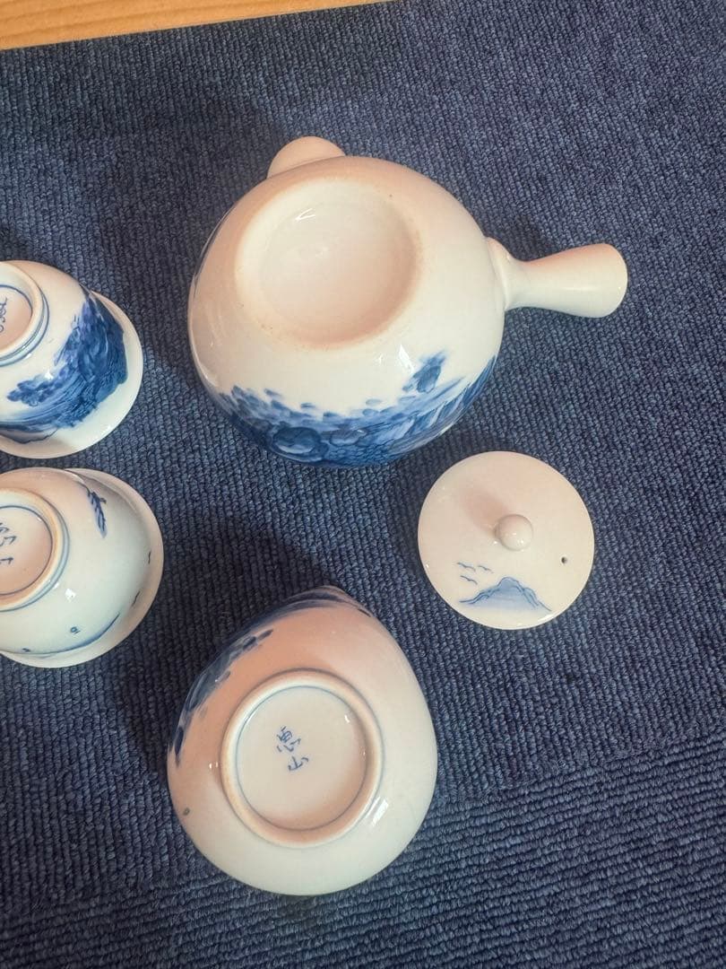 1746 有田焼　染付山水　茶器セット　急須1客　湯冷し1客　湯呑5客　未使用