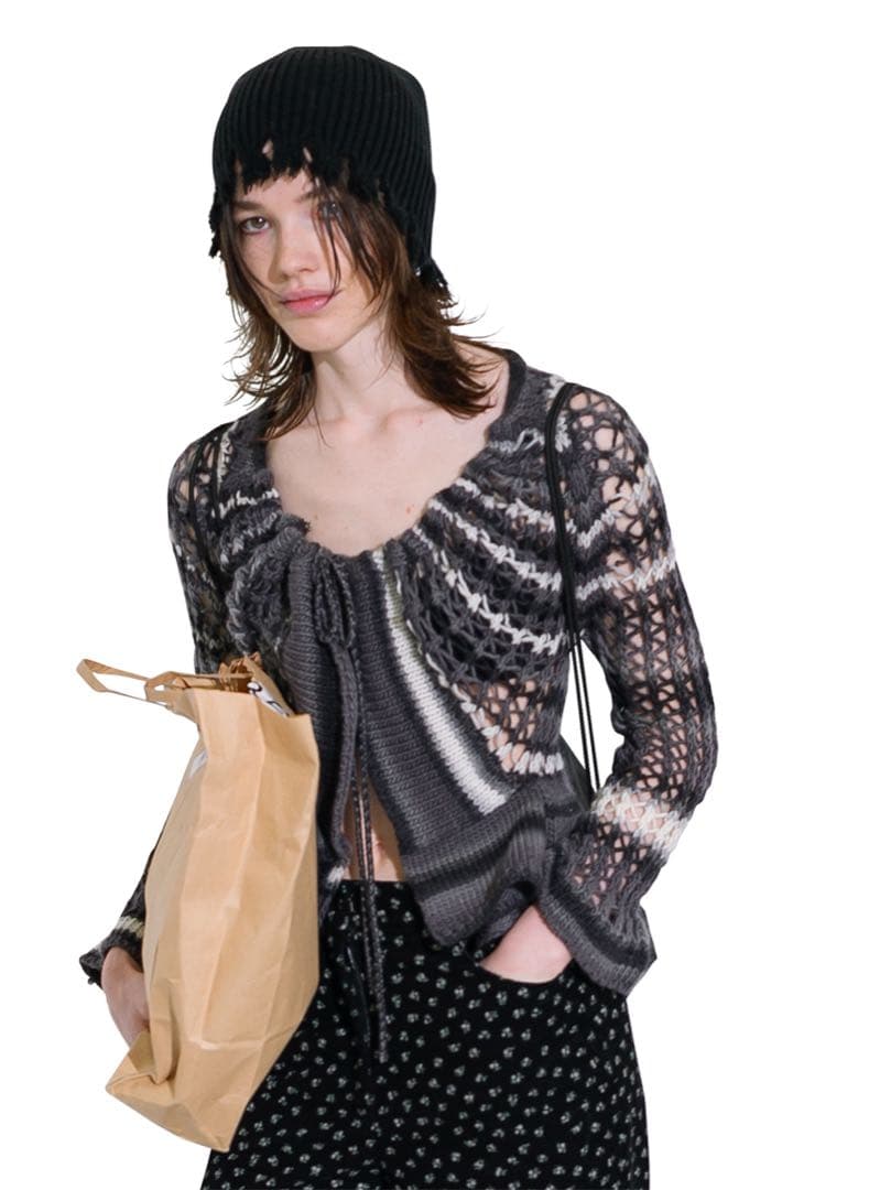 トップス PERVERZE Face Hand Knit Cardigan / Gray