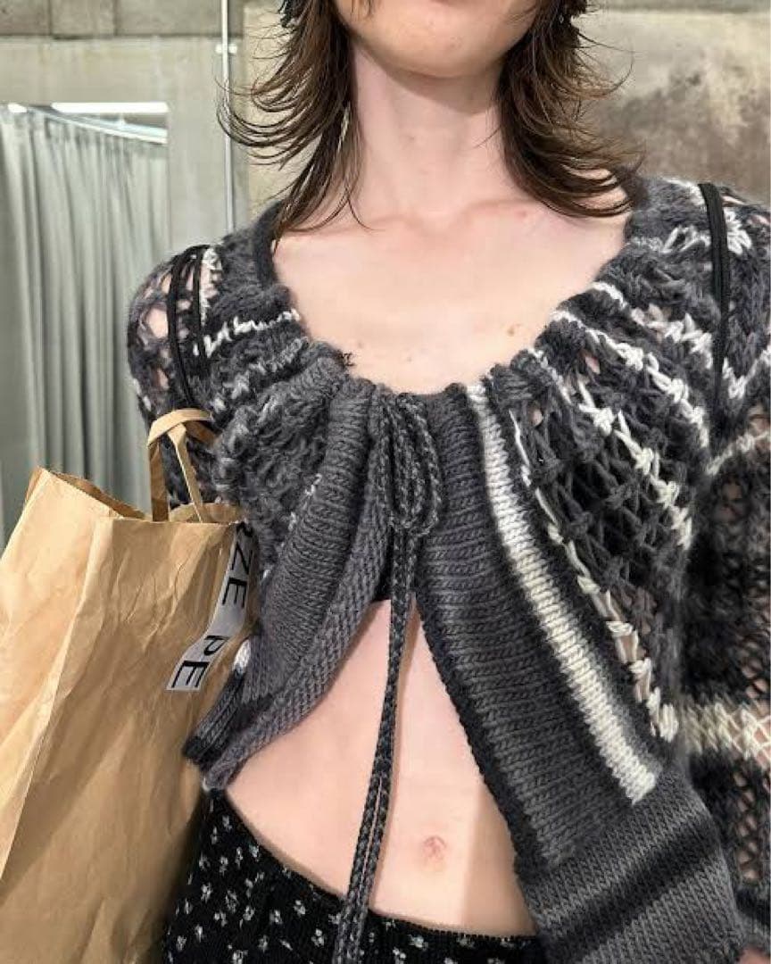 トップス PERVERZE Face Hand Knit Cardigan / Gray