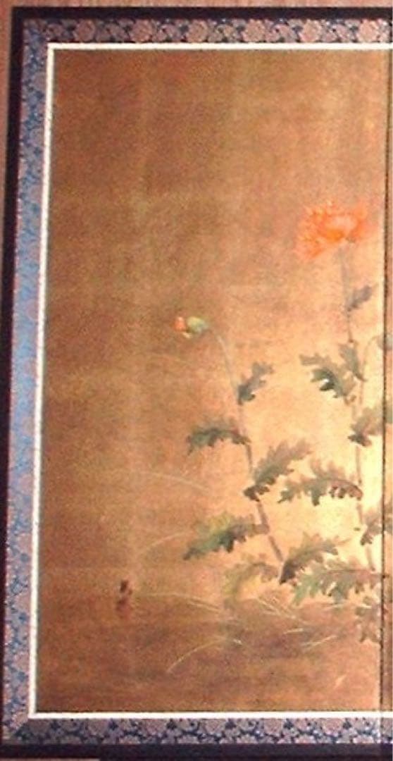 三つ折り四曲屏風　日本画　金箔着色　ケシ花に蝶