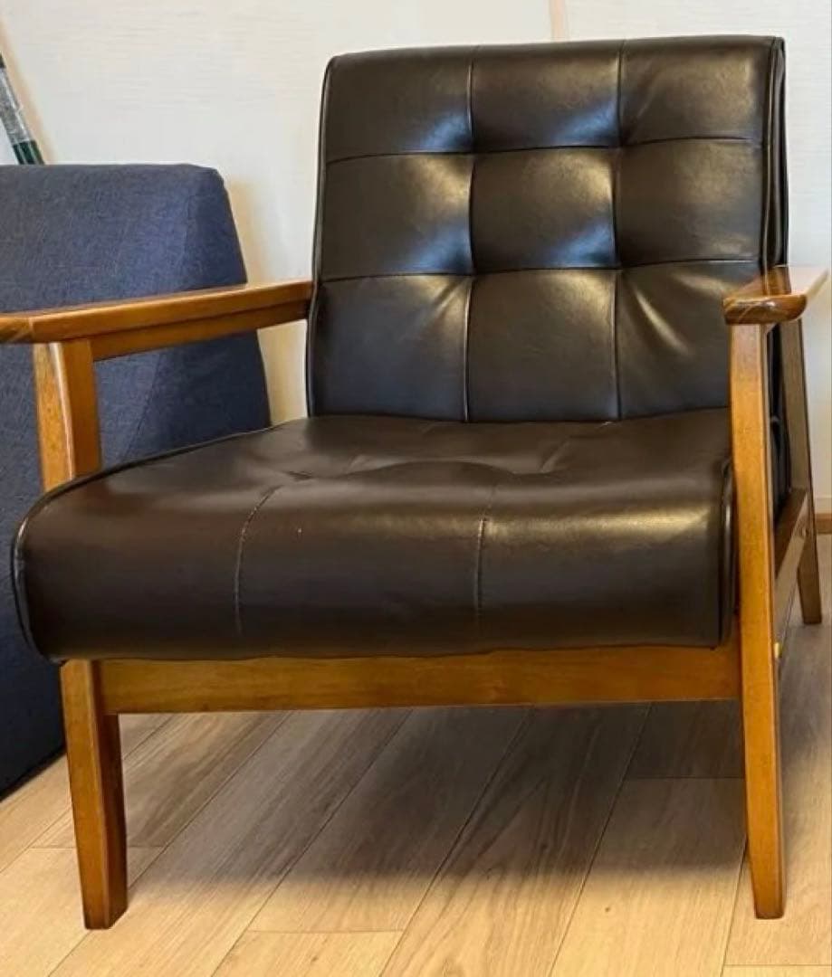 1人掛けソファ ブラウン 木肘 レトロモダン　A
