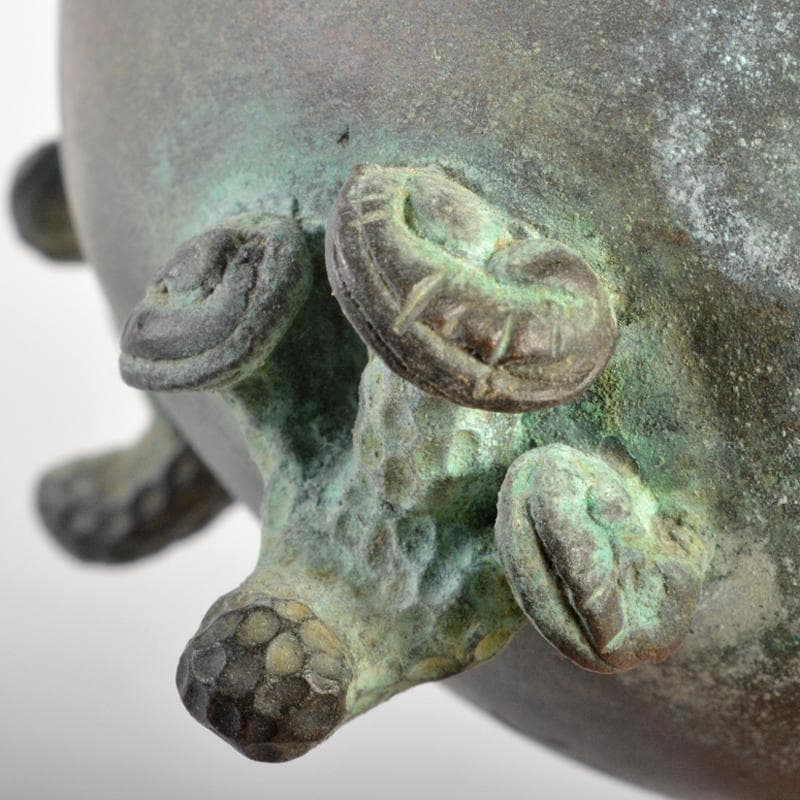 平安　秦蔵六造　青銅　鹿摘　霊芝三つ足香炉　共箱　M　R7402