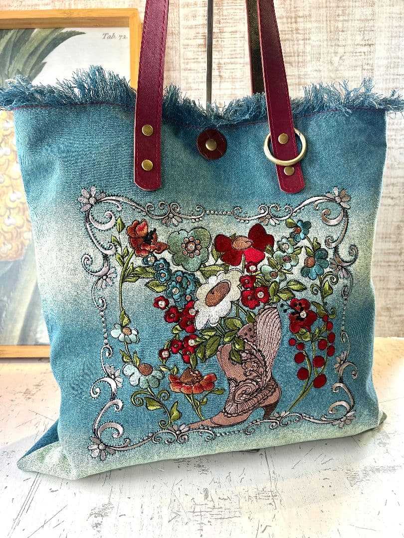 ロラライハリス♡インディゴグラデデニム♡刺繍の本革持ち手のフリンジ肩掛けバッグ