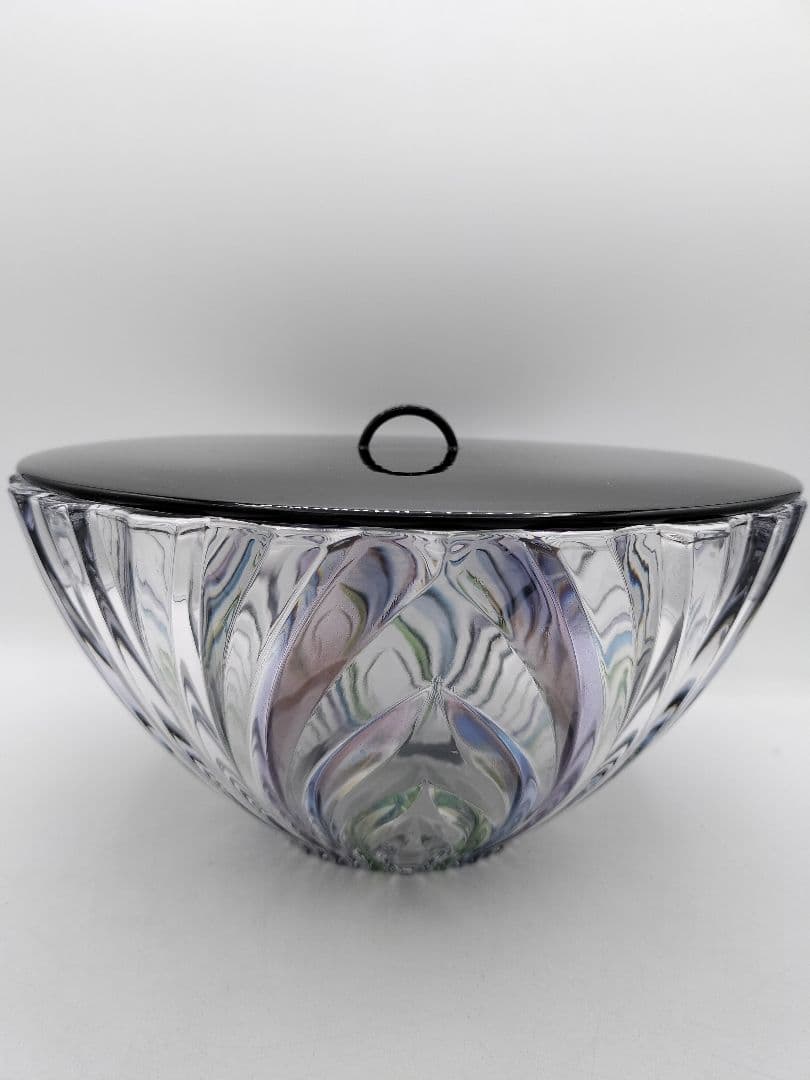 c681 平水指 ガラス 彩風紋 一文字塗蓋付 茶道具 古物