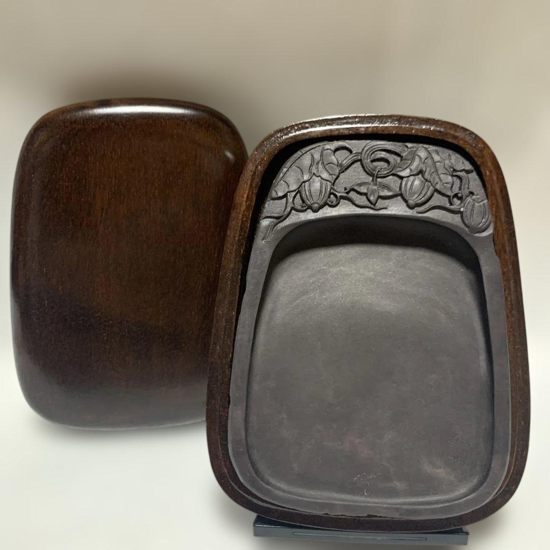 硯　書道具　瓜模様　天然石　木箱付き