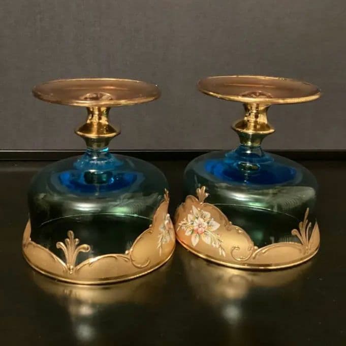 ベネチアングラス　金色とブルーのエレガントなデザインの手描き花柄グラス　⑤⑥