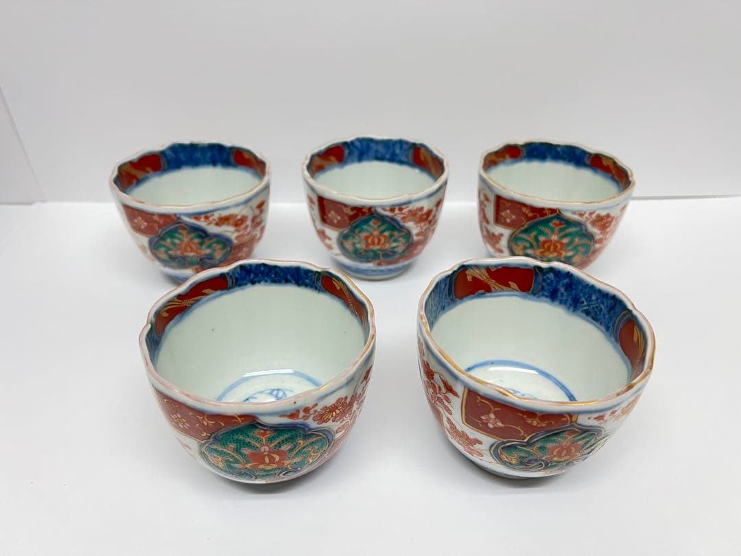 時代物 大明年製 蕎麦猪口 染付 金彩色絵 5客揃