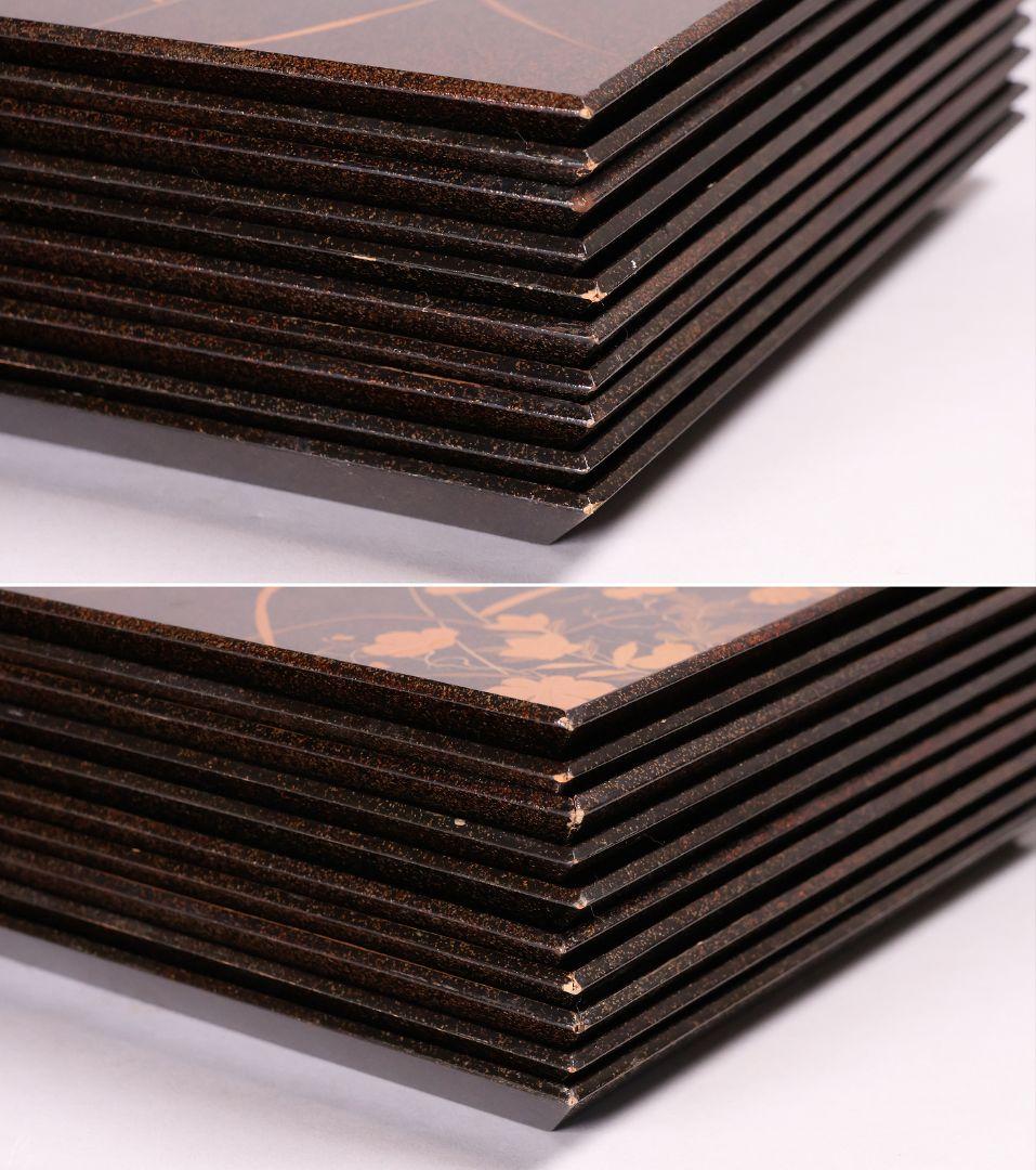 【MB46】時代 梨地吸物膳 十客 月と草花蒔絵 秋草 四方膳 卓上 折敷 木製