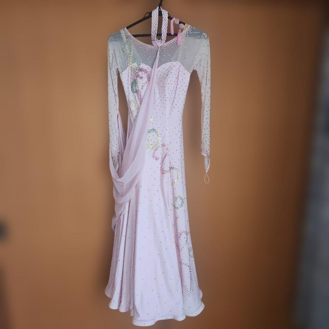 ラインストーン　チョーカー、イアリング付き　社交ダンス　シフォンドレス　ピンク