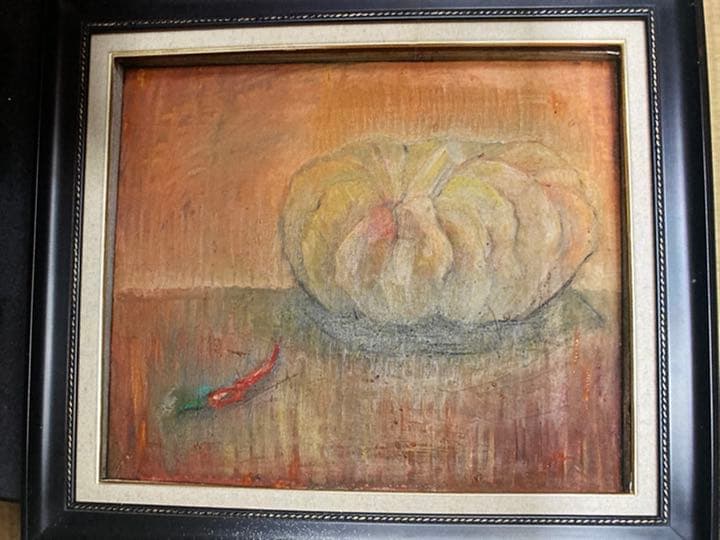 空飛ぶ画家糸川裕志の静物画、カボチャと唐辛子、油絵F 10号額入り