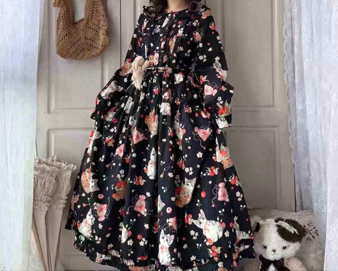 ライチ猫長袖ワンピース